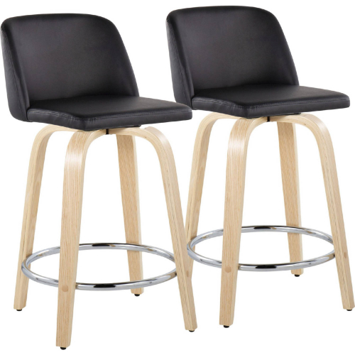 Toriano 24" Swivel Counter Stool in Natural Wood & Black Leatherette w/ Chrome Footrest (Set of 2)